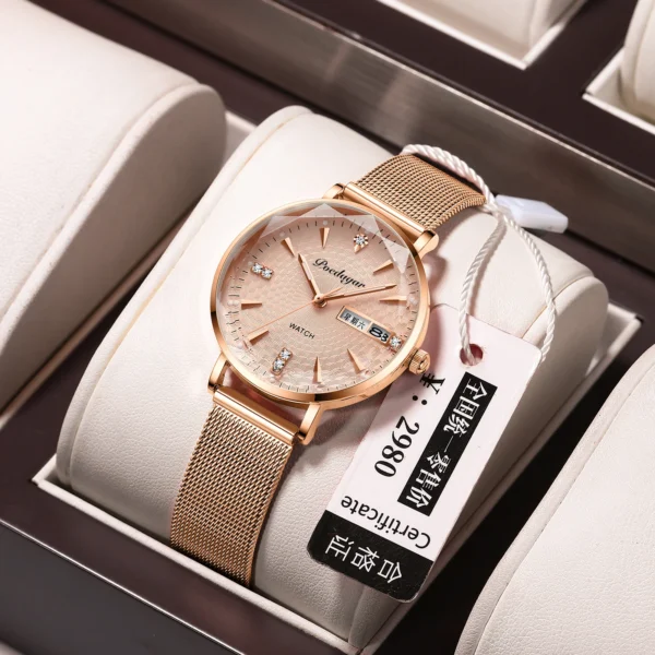 POEDAGAR Women Watches High Quality Japan Quartz Fashion Stainless Steel Mesh Simple Rhinestones Rose Gold Ladies Watch - Image 5