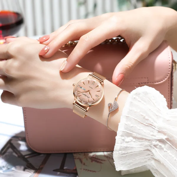 POEDAGAR Women Watches High Quality Japan Quartz Fashion Stainless Steel Mesh Simple Rhinestones Rose Gold Ladies Watch - Image 3