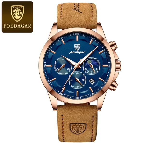 POEDAGAR Genuine Leather Men's Watch Fashion Luminous Calendar Stopwatch Male Clock Waterproof Moon Phase Quartz Wristwatch Man - Image 6