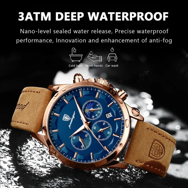 POEDAGAR Genuine Leather Men's Watch Fashion Luminous Calendar Stopwatch Male Clock Waterproof Moon Phase Quartz Wristwatch Man - Image 2