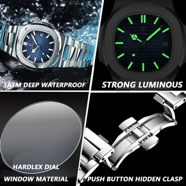 POEDAGAR Stainless Steel Watch Men Luxury Brand Business Luminous Waterproof Male Clock Square Calendar Men Quartz Wristwatches - Image 6