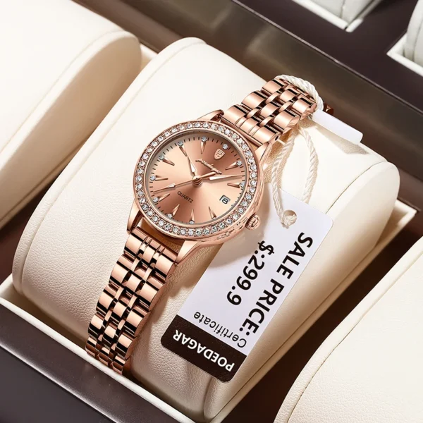 POEDAGAR Ultra Thin Women Watches Rose Gold Luxury Steel Strap Brand Diamond Dial Ladies Watch Bracelet Waterproof Date Clock - Image 2